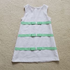 Rare Editions Girls' White Shift Dress with Green Polka Dot Ribbon Bows sz4